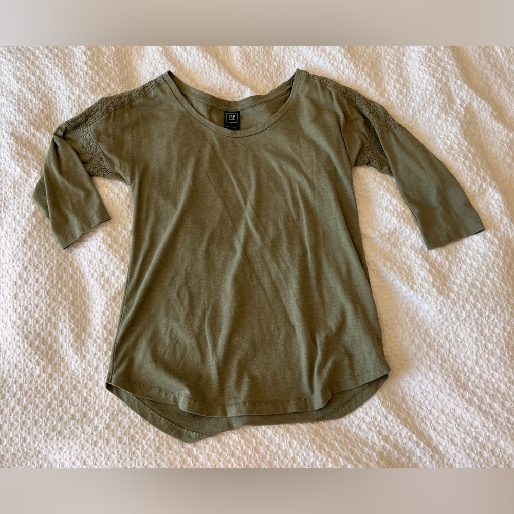 Gap Maternity S Army Green Top with Lace Shoulder Detail